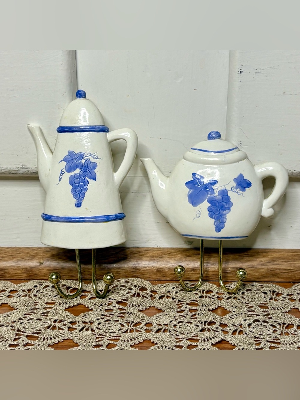 Vintage 80s Farmhouse Chalkware Blue White Teapot Kitchen Wall Hooks Set of Two